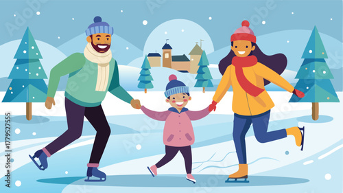Happy family ice skating on a frozen pond in winter, A joyful winter recreation scene for togetherness and fun
