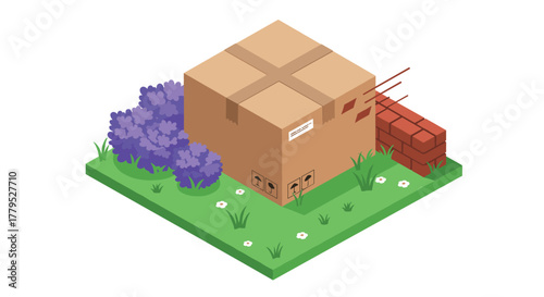 Isometric cardboard box house in garden with brick wall and flowers