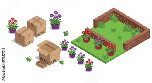 Isometric garden scene with flower pots and cardboard boxes for landscaping project