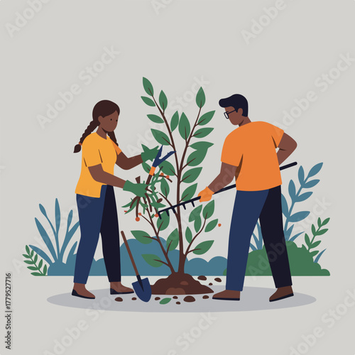 Two people, with orange shirts and gloves, tend to a young tree in a stylized illustration