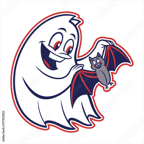 Happy cartoon ghost holding a friendly bat with wings spread