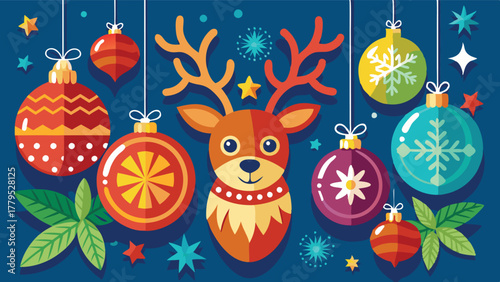 Cute cartoon reindeer head with Christmas ornaments and snowflakes, festive holiday illustration, Whimsical winter wonderland scene, a joyful and merry Christmas design