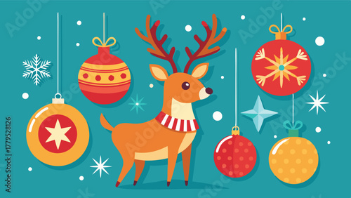 Cute cartoon reindeer head with Christmas ornaments and snowflakes, festive holiday illustration, Whimsical winter wonderland scene, a joyful and merry Christmas design