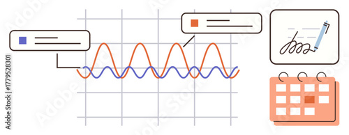 Graph illustrating fluctuating data trends with user comments, calendar, and diagram for insights. Ideal for analytics, planning, progress monitoring, collaboration, forecasting, scheduling simple