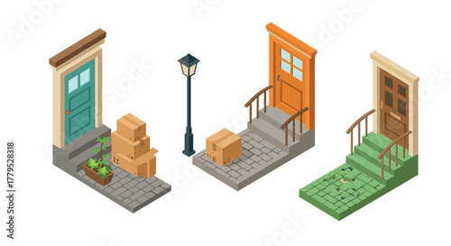 Isometric doorway scenes with packages and plants on doorsteps