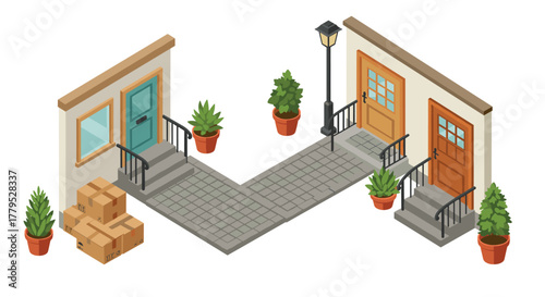 Isometric courtyard with doors, potted plants, lamp, and cardboard boxes