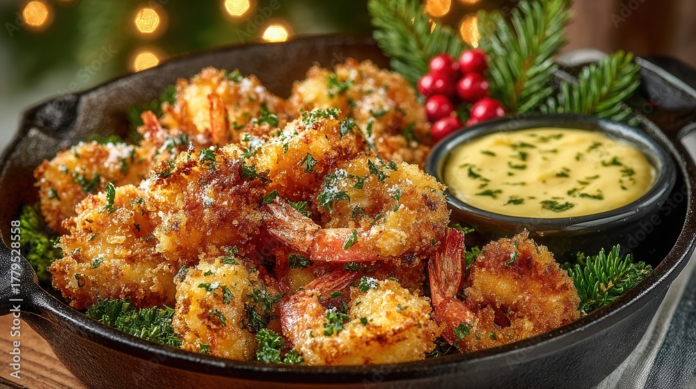 Fototapeta premium French-style fried shrimp pan served with aioli and winter greens