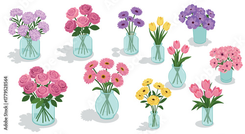 Vibrant floral arrangements in glass vases with varied blooms in isometric style