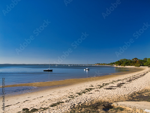 Taussat Beach, Arcachon Bay, France, with moored sailboats and a sweeping sandy shoreline under a cloudless blue sky. Soft afternoon light adds a peaceful seaside mood.