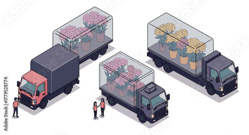 Isometric trucks transporting flowers in transparent containers with people interacting