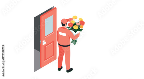 Isometric delivery person bringing colorful flower bouquet through open door