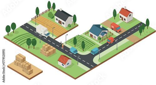 Isometric neighborhood with roads, cars, and houses in minimalist style