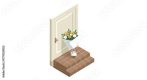 Isometric bouquet of flowers at doorstep on brick steps
