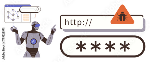 AI robot analyzing malware alerts and password inputs with a focus on cybersecurity and data integrity. Ideal for AI technology, cybersecurity, hacking prevention, malware, password security, network