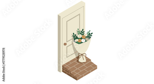 Bouquet of flowers placed at the doorstep in isometric design