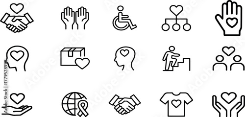 Collection of Charity and Support Line Icons Featuring Handshakes Heart Shapes and Helping Symbols Emphasizing Compassion and Community
