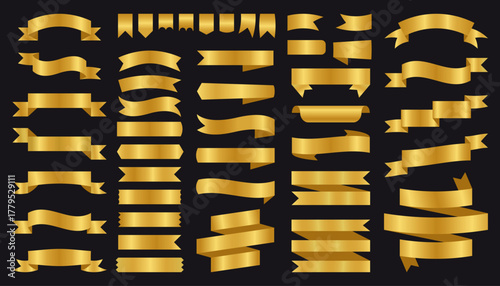 Golden ribbons. Decorative vintage gold banners and labels with geometric frame, luxury elegant award badge and rubber stamp flat design. Vector set