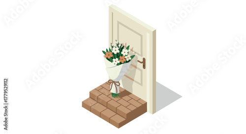 Isometric flower delivery bouquet on doorstep with cozy welcome
