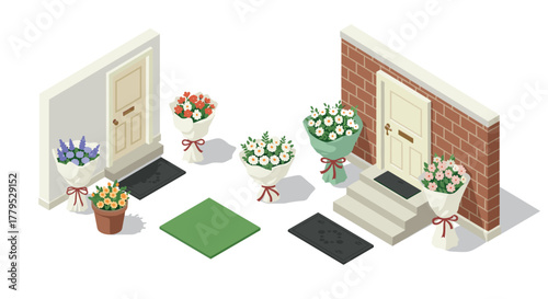 Charming floral arrangements adorn doorways in isometric style