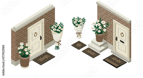 Charming isometric entrance with floral decor and rustic brick walls