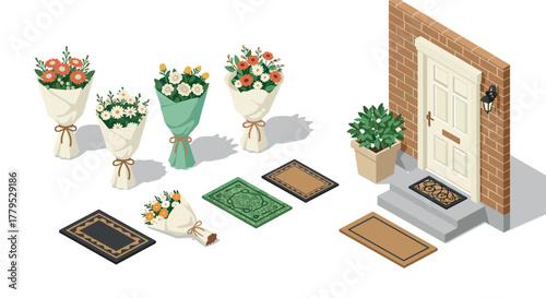 Floral arrangements and doormats in isometric spring doorstep scene