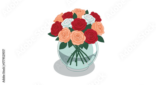 Vibrant rose bouquet in glass vase on white background