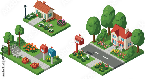 Charming isometric suburban neighborhood with houses, mailboxes, and lush gardens