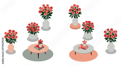Elegant floral arrangements in modern vases on stylish coffee tables with books and decor