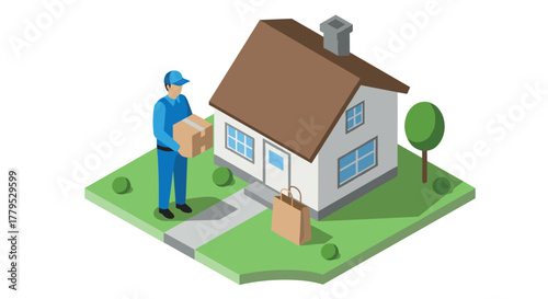 Isometric home delivery scene with courier and package in suburban setting