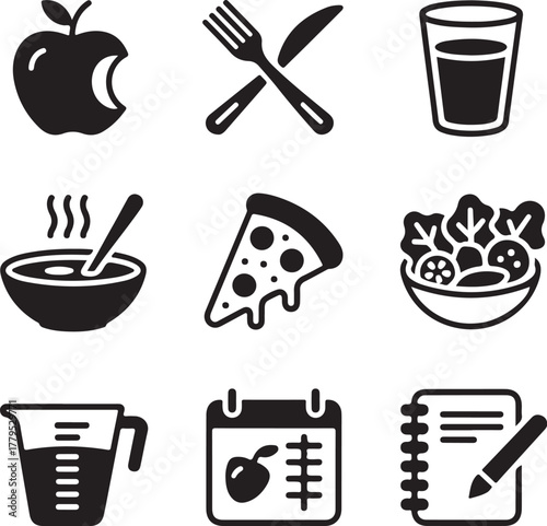 Set of nine detailed food diary icons with transparent background nutrition tracking healthy eating