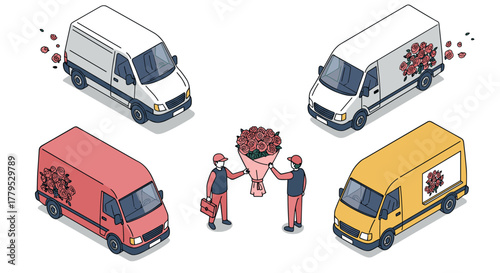 Delivery vans and couriers with roses in handdrawn style