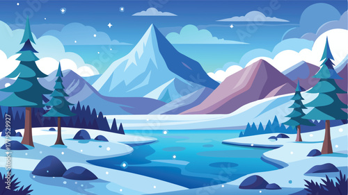 Flat design illustration of a winter mountain landscape with a cabin by a frozen river, Idyllic snowy retreat in the wilderness