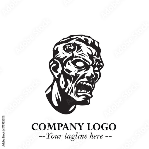 Head of Zombie Logo Symbol in Black on the White Background with Horror Minimal Vector Design