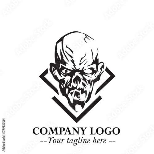 Head of Zombie Logo Symbol in Black on the White Background with Horror Minimal Vector Design
