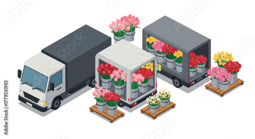 Isometric trucks with colorful floral arrangements and pallet displays
