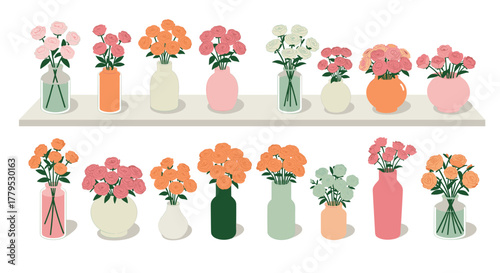 Colorful floral arrangements on shelf in minimalist design