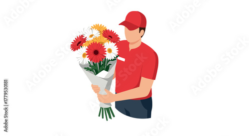 Delivery person carrying bouquet of colorful flowers in minimalist style