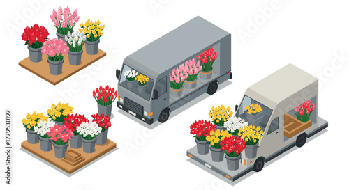 Isometric flower delivery trucks with flower pots and arrangements for floral business
