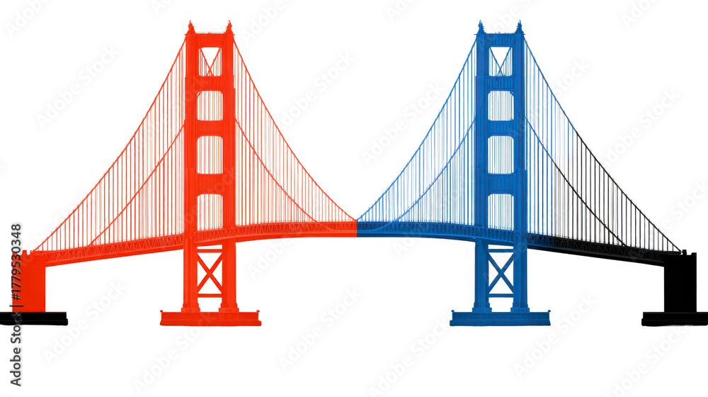 Fototapeta premium Red and blue suspension bridge illustration split color design isolated on transparent background modern architecture creative concept urban landmark minimal style vibrant and bold visual