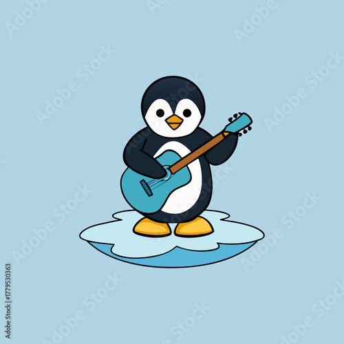Cute cartoon penguin playing a blue guitar on an ice floe silhouette