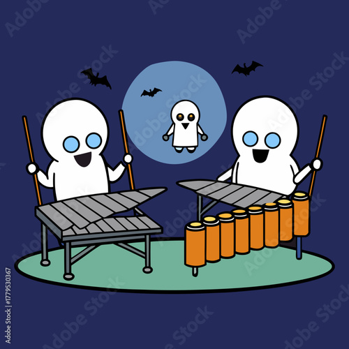 Two happy ghosts playing musical instruments under the moon silhouette