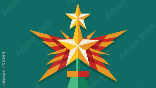 Flat design Christmas tree topper star illustration with radiating rays, A radiant symbol of festive achievement and holiday spirit