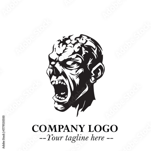 Head of Zombie Logo Symbol in Black on the White Background with Horror Minimal Vector Design