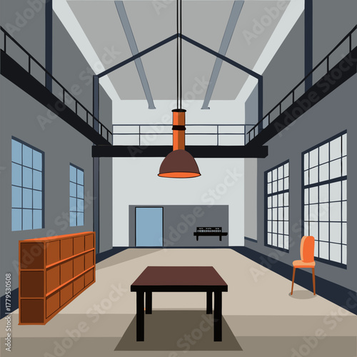 Industrial loft interior with large windows and hanging lamp silhouette