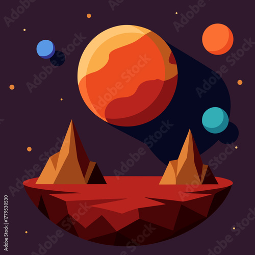 Vibrant alien planet landscape with celestial bodies and mountains silhouette
