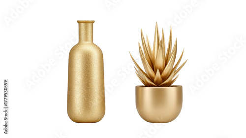 Golden bottle and gold potted succulent plant, both with metallic finish, isolated on transparent background, modern decorative objects for home or office interior design