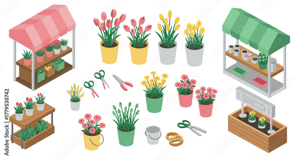 Fototapeta premium Charming flower market with colorful pots and garden tools in isometric style
