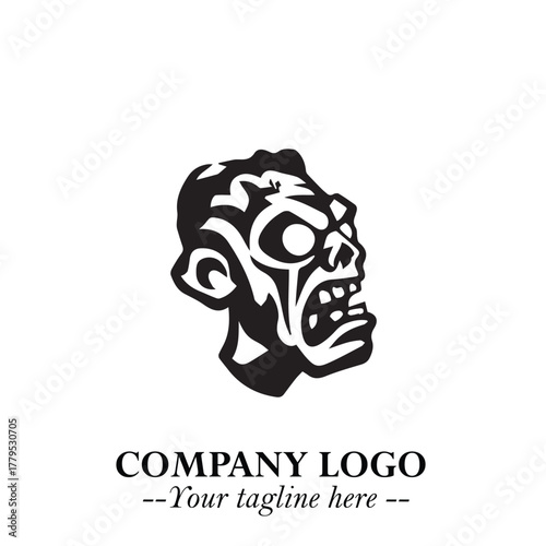 Head of Zombie Logo Symbol in Black on the White Background with Horror Minimal Vector Design