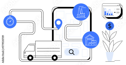 Delivery truck on mapped route with factory, warehouse icons, stopwatch, analytics, and dollar sign. Ideal for logistics, supply chain, transportation, business strategy technology efficiency