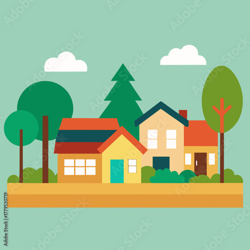 Charming suburban neighborhood with colorful houses and trees silhouette